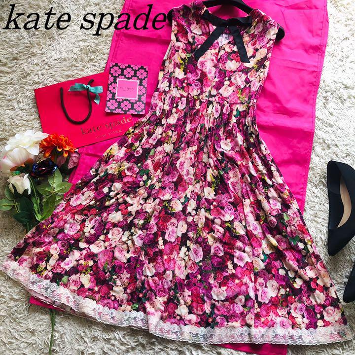 美品】kate spade ローズ柄ロングワンピース リボン レース サイズ0