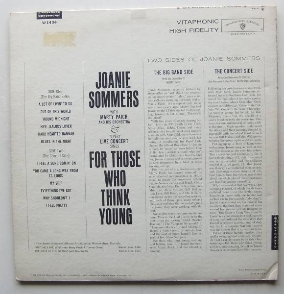 ◆ JOANIE SOMMERS / For Those Who Think Young ◆ Warner Bros W-1436 (grey) ◆ B_画像2