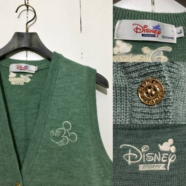 ☆Disney Sports L ニットセーター ベスト 緑 ミッキー mickey 刺繍 ウール100% 毛100% オールド_画像3