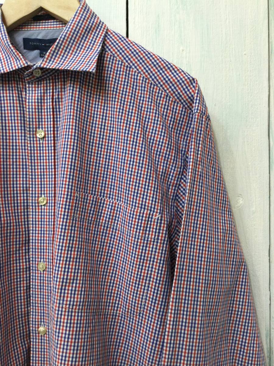 Tommy Hilflger トミーヒルフィガー コットン長袖シャツ チェックシャツ メンズ16 34/35 大きめ 白×青系×赤系 良品綺麗の画像4