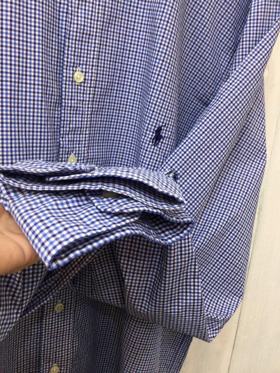 Ralph Lauren ラルフローレン 美品 ボタンダウン コットン長袖シャツ ギンガムチェックシャツ 胸ロゴ ビッグサイズ メンズXXL 良品綺麗