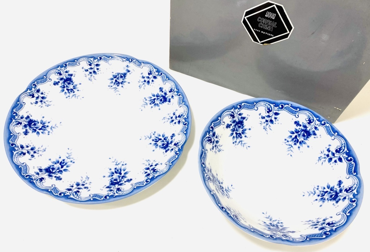 新品 未使用 HOYA ホヤクリスタル 洋食器 大皿 盛皿 丸皿 ボウル プレート 花柄 ブルー 青_画像1