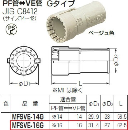 未来工業 MFSVE-16G コンビネーションカップリング（PF管－VE管）Gタイプ（10個入）ベージュ色_画像2