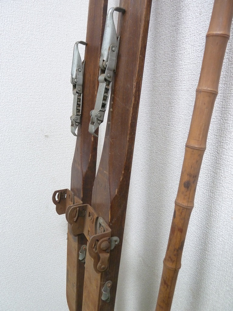@カンダハー KANDAHAR アンティーク 木製スキー板(スキー板全長約2m)&ストック 戦前 小道具 古民具 コレクション レア 希少品
