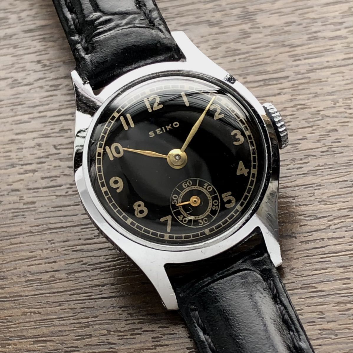 希少 ★ 精工舎 セイコー SEIKO 1930年代〜 モリス8型 戦前 全数字 黒文字盤 スモセコ 手巻 動作品 検) 戦中 ブラック SEIKOSHA _画像4