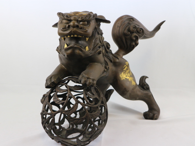 玉乗獅子 唐獅子 置物 幅35cm 重さ24cm 約6kg ブロンズ 金属工芸