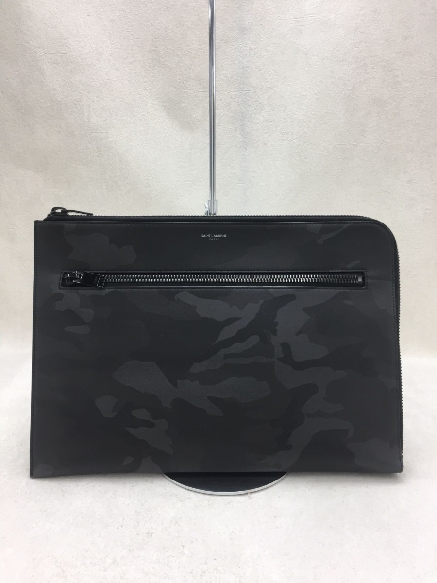 サンローラン レザー カモフラージュ クラッチバッグ グレー×ブラック