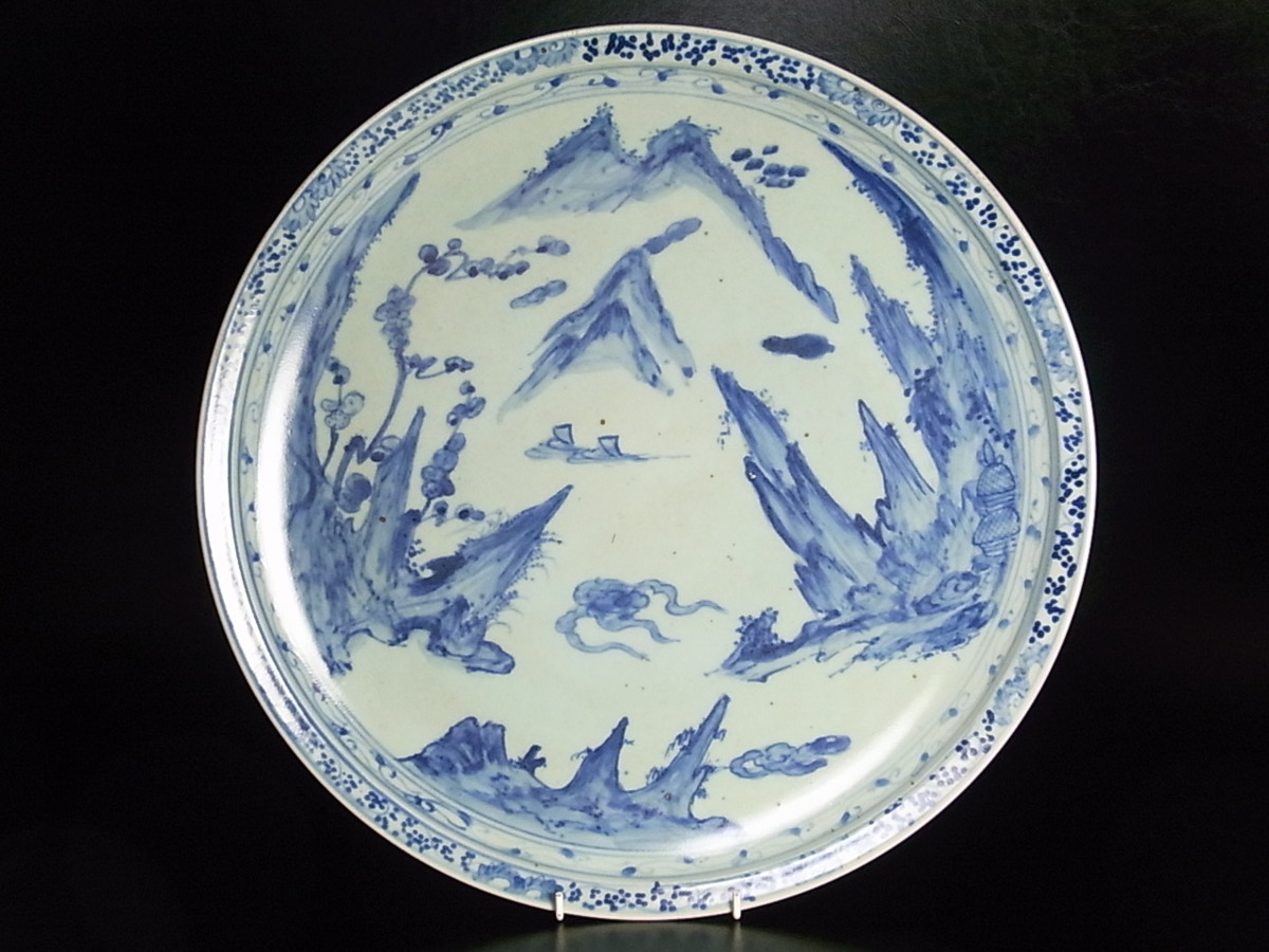 初期伊万里写し 染付 山水紋 一尺三寸 大皿 飾り皿 40cm 木箱付 検 古 