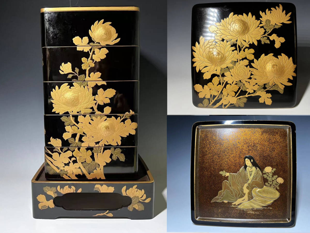 卸玄尚】時代漆器 金梨地菊蒔絵五段重箱 重台付 二枚蓋 ic.sch.id