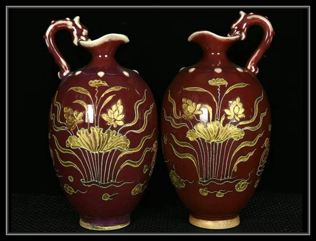 多寶屋】NA189□宋時代釣窯紅釉描金加彩蓮池鴛鴦紋花澆一対□高さ