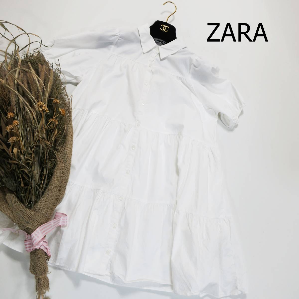 ZARA ザラ Aラインシャツワンピース ホワイト 白 サイズUSAM バルーンスリーブ ティアード ひざ上丈 ブラウス 襟 シンプル かわいい G-9_画像1