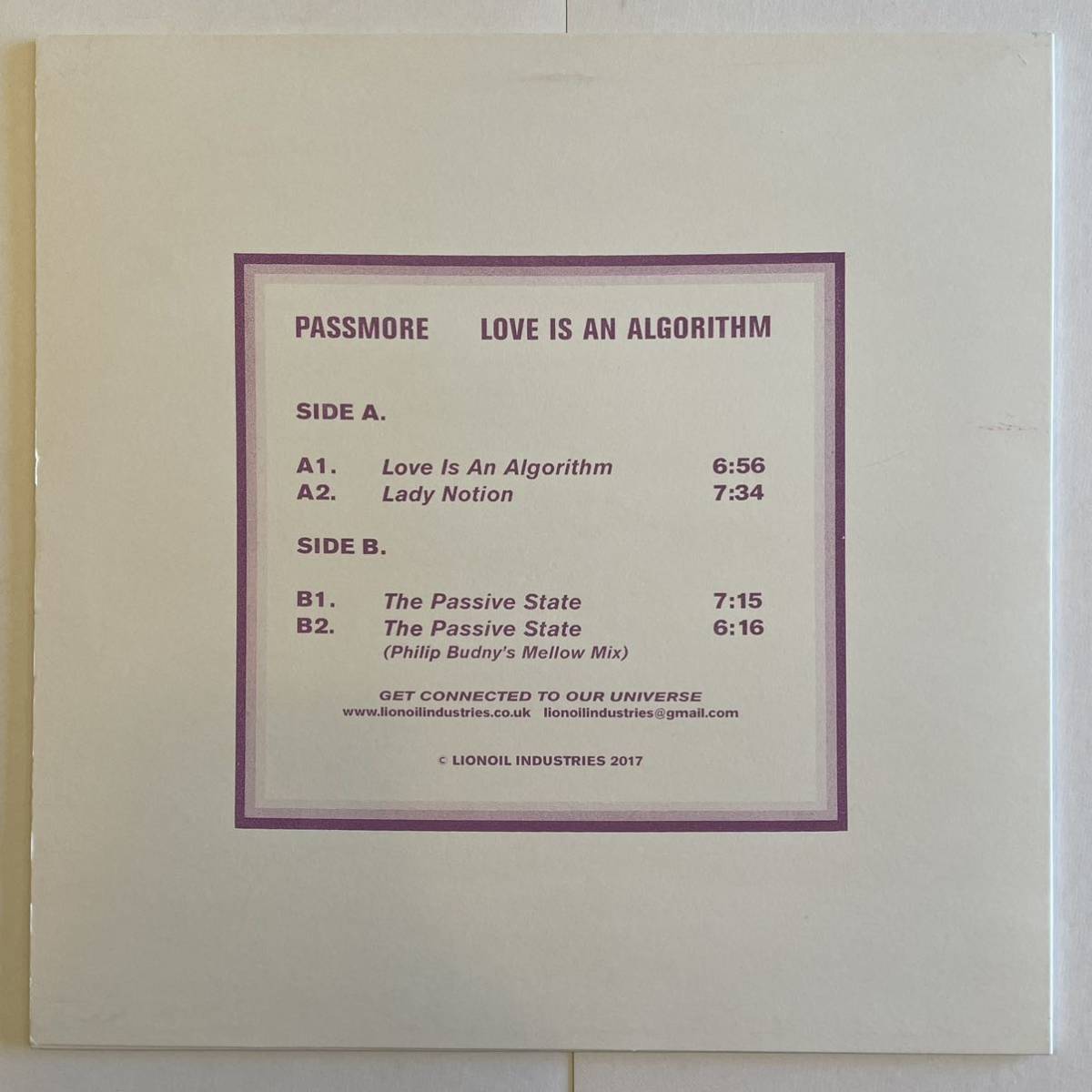 【12inch レコード】Passmore / Love Is An Algorithm_画像2