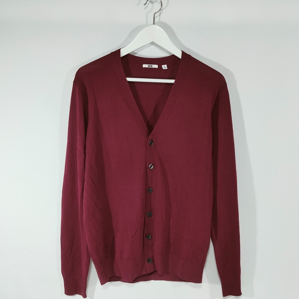 美品 ユニクロ UNIQLO カーディガン ニット ウール Vネック 長袖 M ワインレッド メンズ /BI