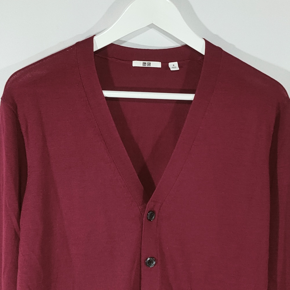 美品 ユニクロ UNIQLO カーディガン ニット ウール Vネック 長袖 M ワインレッド メンズ /BI
