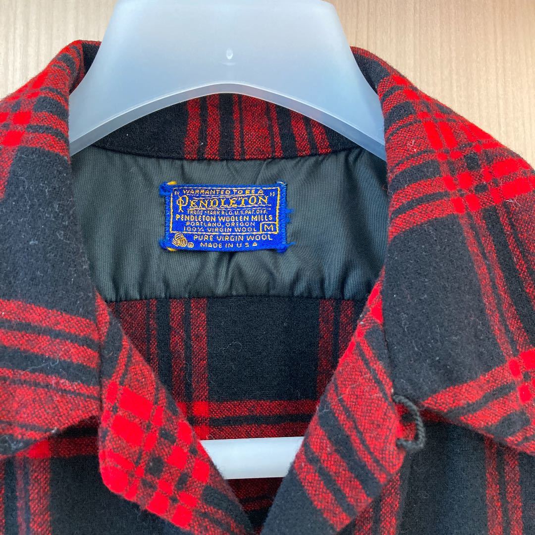 70s USA製 PENDLETON チェックシャツ M 赤 黒 ペンドルトン ウールシャツ オープンカラー ボードシャツ フランネルシャツ pendleton