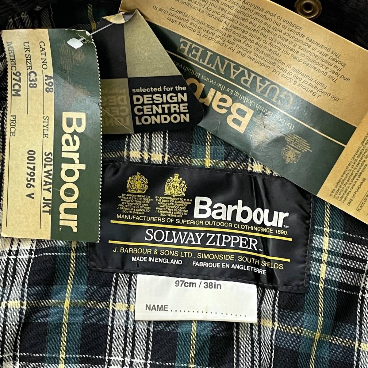 【Vintage】Barbour SOLWAY ZIPPER 38 バブアー ソルウェイジッパー 2Crest ２ワラント MADE IN ENGLAND 1980年代_画像3