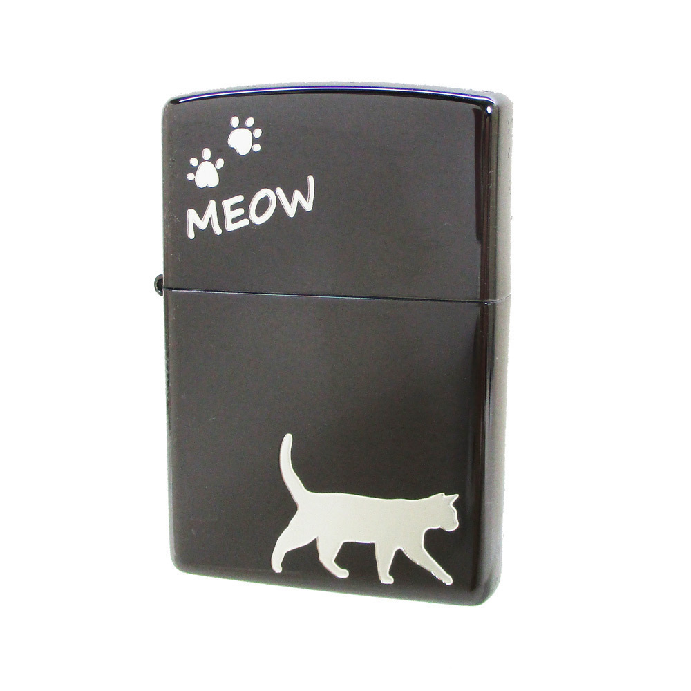 送料無料メール便 ジッポー オイルライター meow ネコ 黒メッキミラー銀差し CAT-KB_画像1