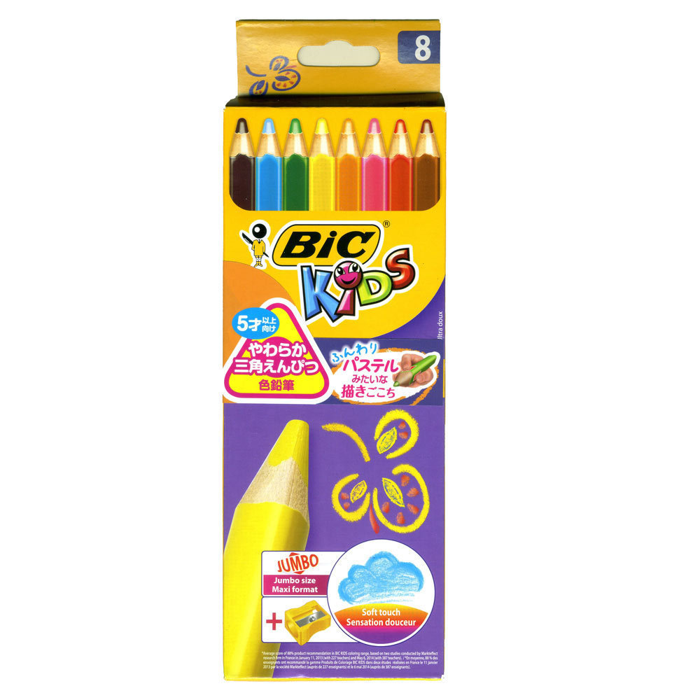送料無料メール便 色鉛筆 スーパーソフト 8色 鉛筆削り付き Bicジャパン キッズ BKSSFT8E/7052ｘ３個セット/卸_画像2