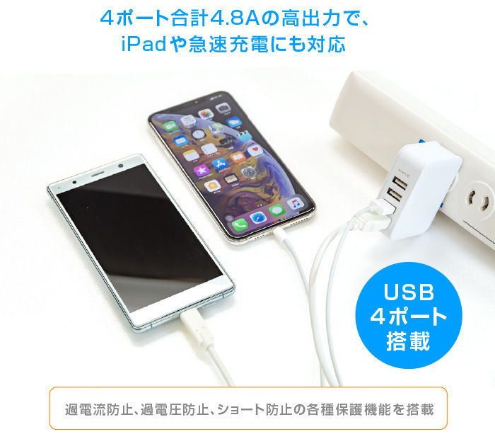 同梱可能 AC-USBアダプタ AC-USB充電器 4ポート 4.8Aの高出力 グリーンハウス GH-ACU4B-WH/7237_画像8