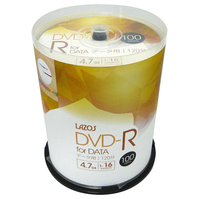送料無料 DVD-R 4.7GB データ用 100枚組スピンドルケース入 16倍速対応 ホワイトワイド印刷対応 Lazos L-DD100P/2600ｘ５個セット/卸