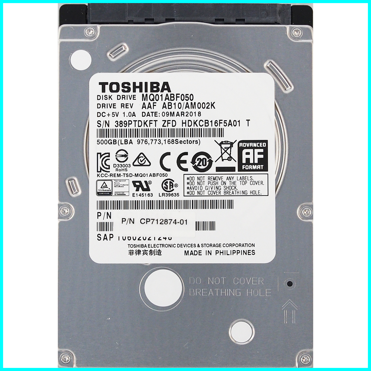 TOSHIBA MQ01ABF050 富士通 P/N CP712874-01 2.5インチ 7mm SATA600 500GB 556回 2236時間_画像1