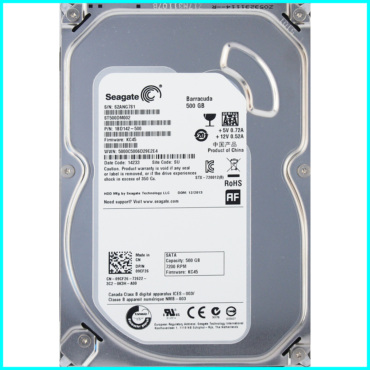 Seagate ST500DM002-1BD142-500 KC45 DP/N 09CF26 3.5インチ SATA600 500GB 1950回 4134時間_画像1