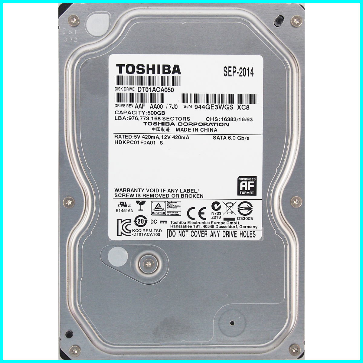 TOSHIBA DT01ACA050 3.5インチ SATA600 500GB 1352回 11748時間_画像1