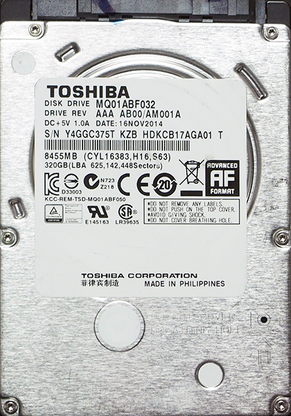 TOSHIBA MQ01ABF032 2.5インチ 7mm SATA600 320GB 40回 17314時間_画像1