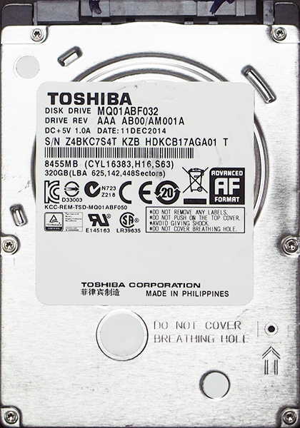 TOSHIBA MQ01ABF032 2.5インチ 7mm SATA600 320GB 67回 15438時間_画像1