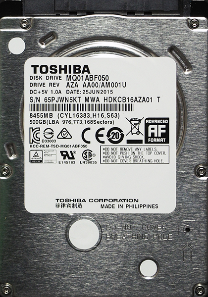 東芝 MQ01ABF050 2.5インチ 7mm SATA600 500GB 434回 1547時間_画像1