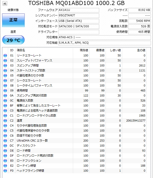 東芝 MQ01ABD100 2.5インチ 9.5mm SATA300 1TB 526回 465時間_画像3