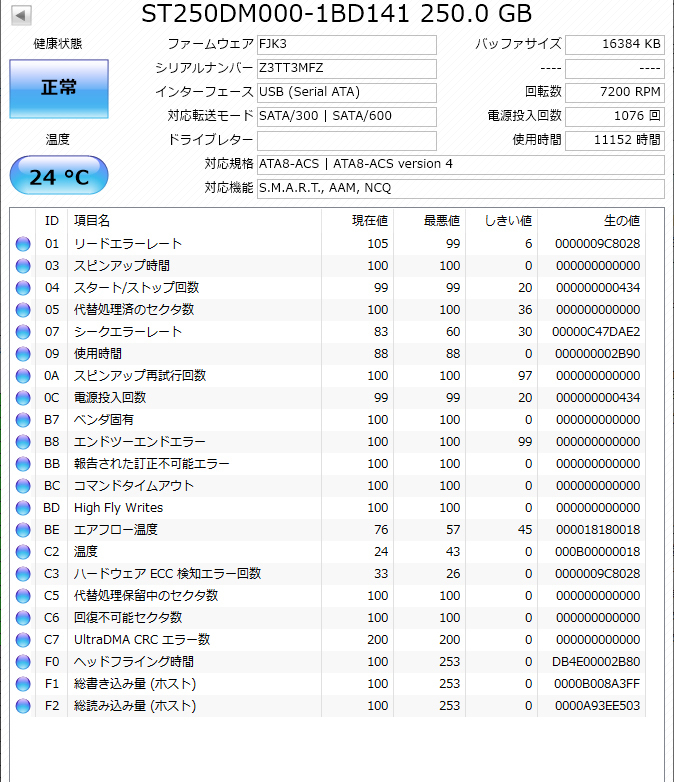 Seagate ST250DM000-1BD141-057 富士通 CP225430-02 3.5インチ SATA600 250GB 1076回 11152時間_画像3