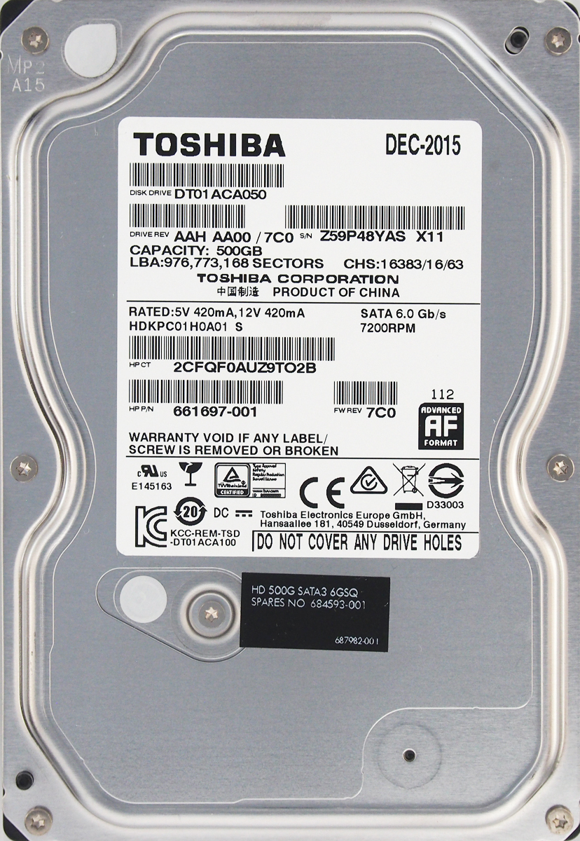 TOSHIBA DT01ACA050 HP P/N 661697-001 3.5インチ SATA600 500GB 777回 4909時間_画像1