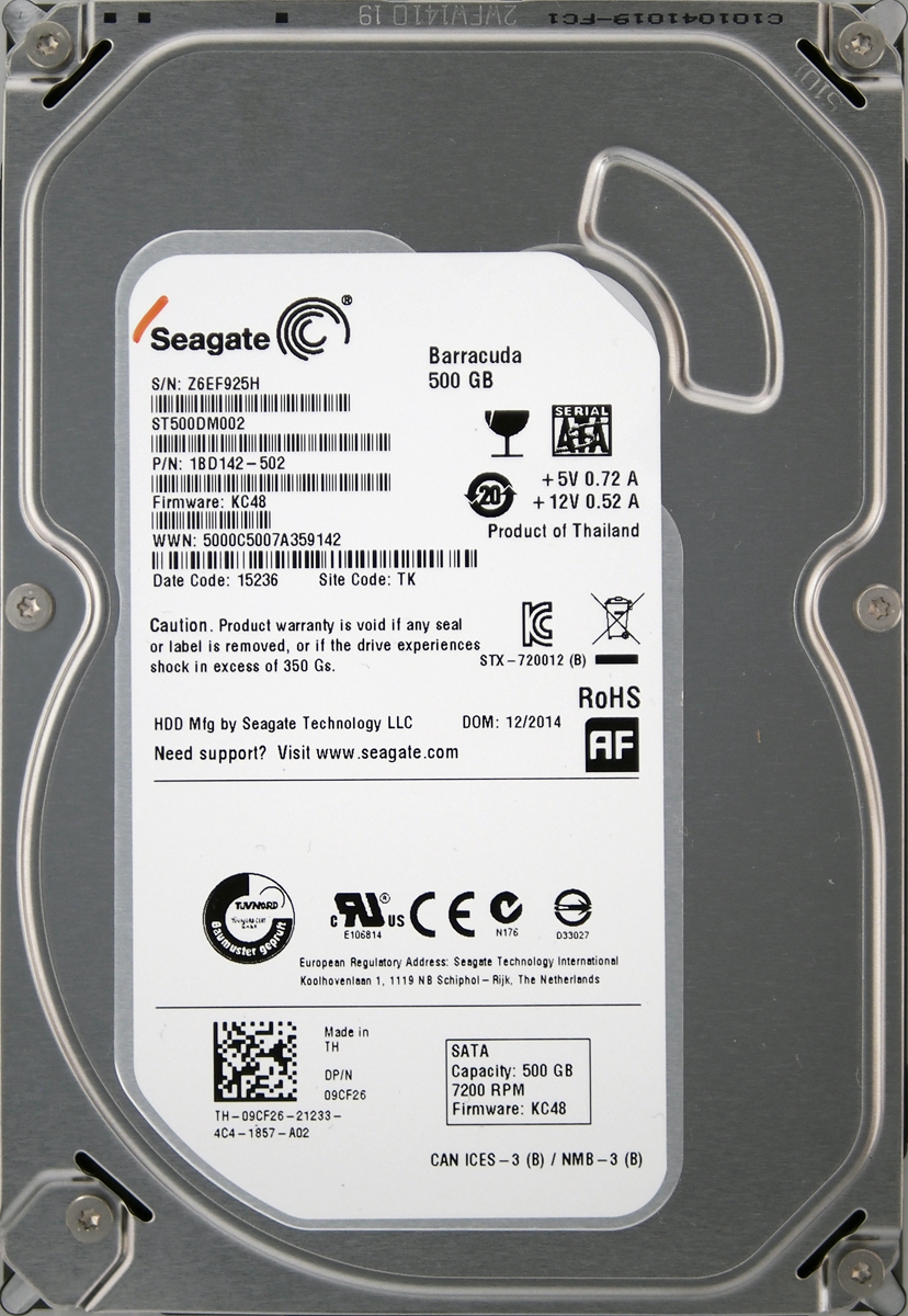 Seagate ST500DM002-1BD142 DP/N 09CF26 3.5インチ SATA600 500GB 1055回 14365時間_画像1