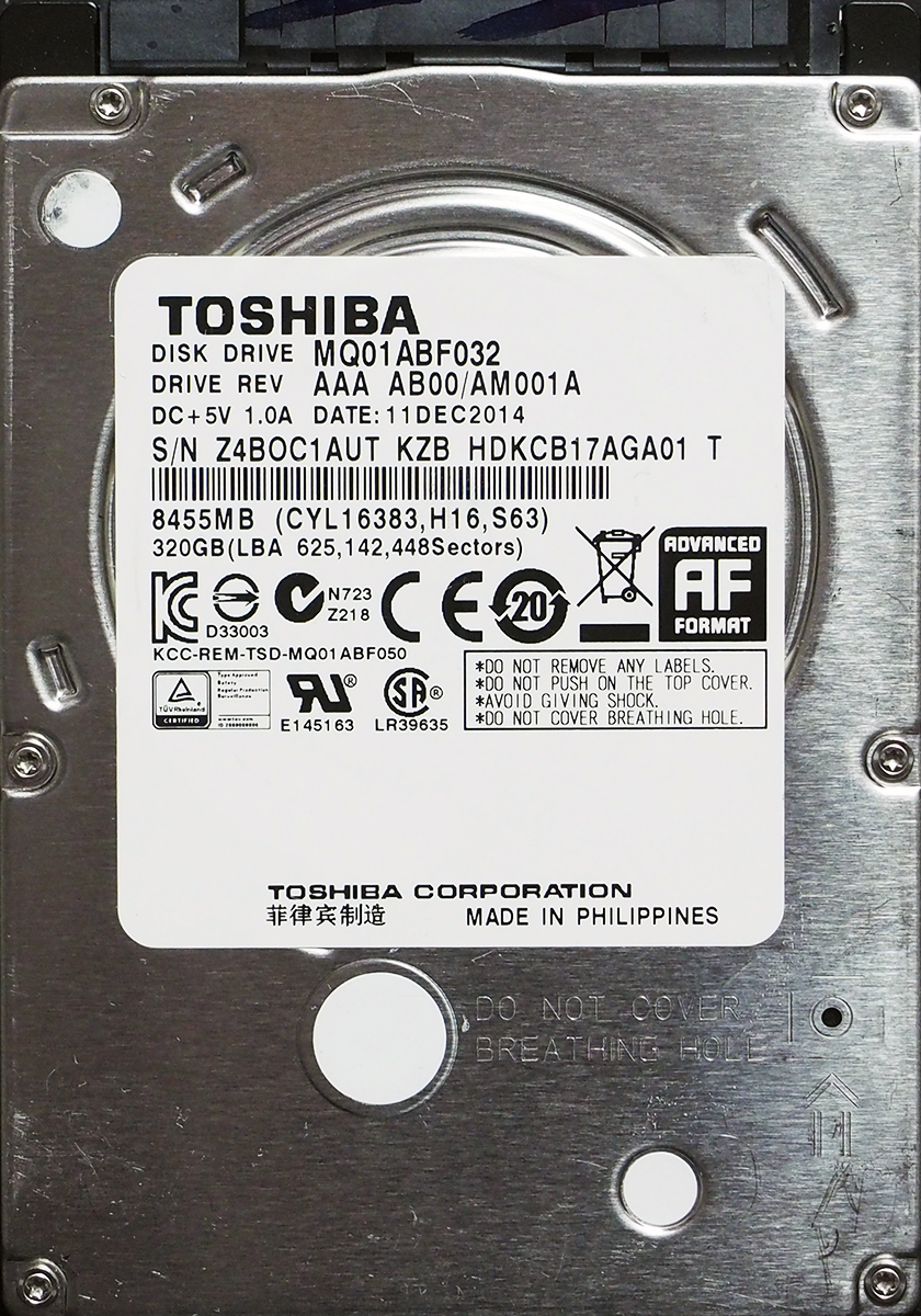 TOSHIBA MQ01ABF032 2.5インチ 7mm SATA600 320GB 61回 16537時間_画像1