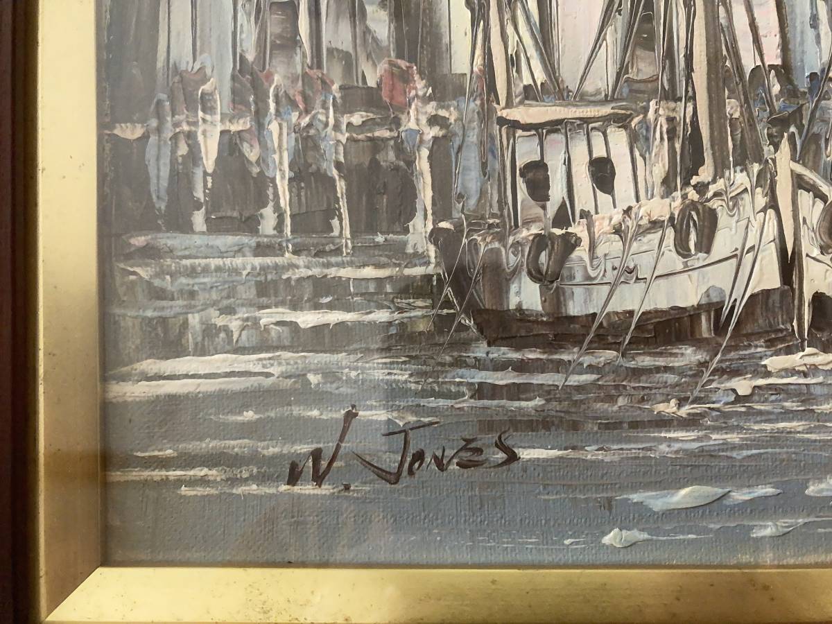 真作 油絵 W.Jones イギリス画家 漁港 船 F3号(273×220mm)_画像5