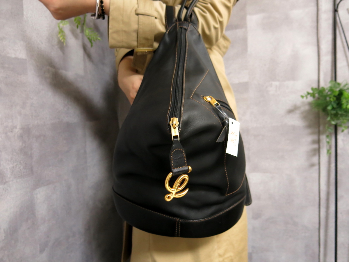 カーキ×インディゴ LOEWE アントン レザー リュックサック ポーチ付き