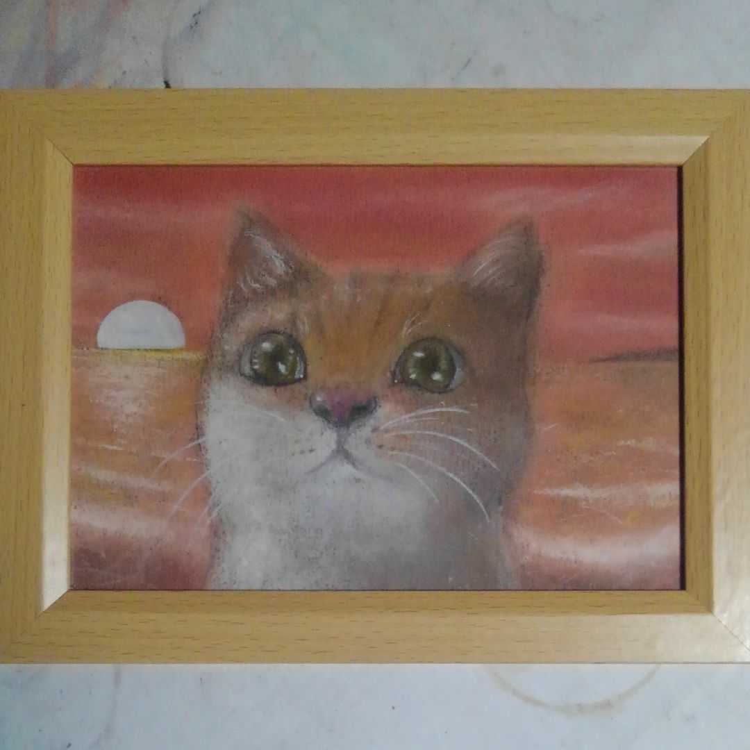 絵画　「浜の猫たち」　2Lサイズ額つき。