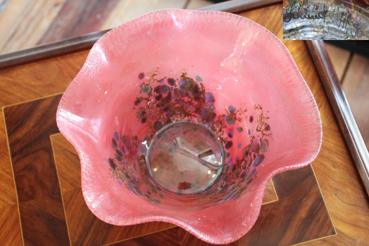 作家サイン【ピンクガラス フラワーベース】花瓶 花器 アートガラス カーニバルグラス コンポート