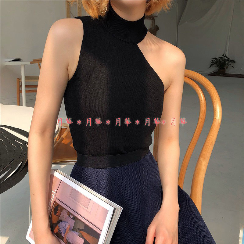  shoulder .. tops black black immediate payment knitted no sleeve pull over 14016 american sleeve lady's one shoulder spring summer 