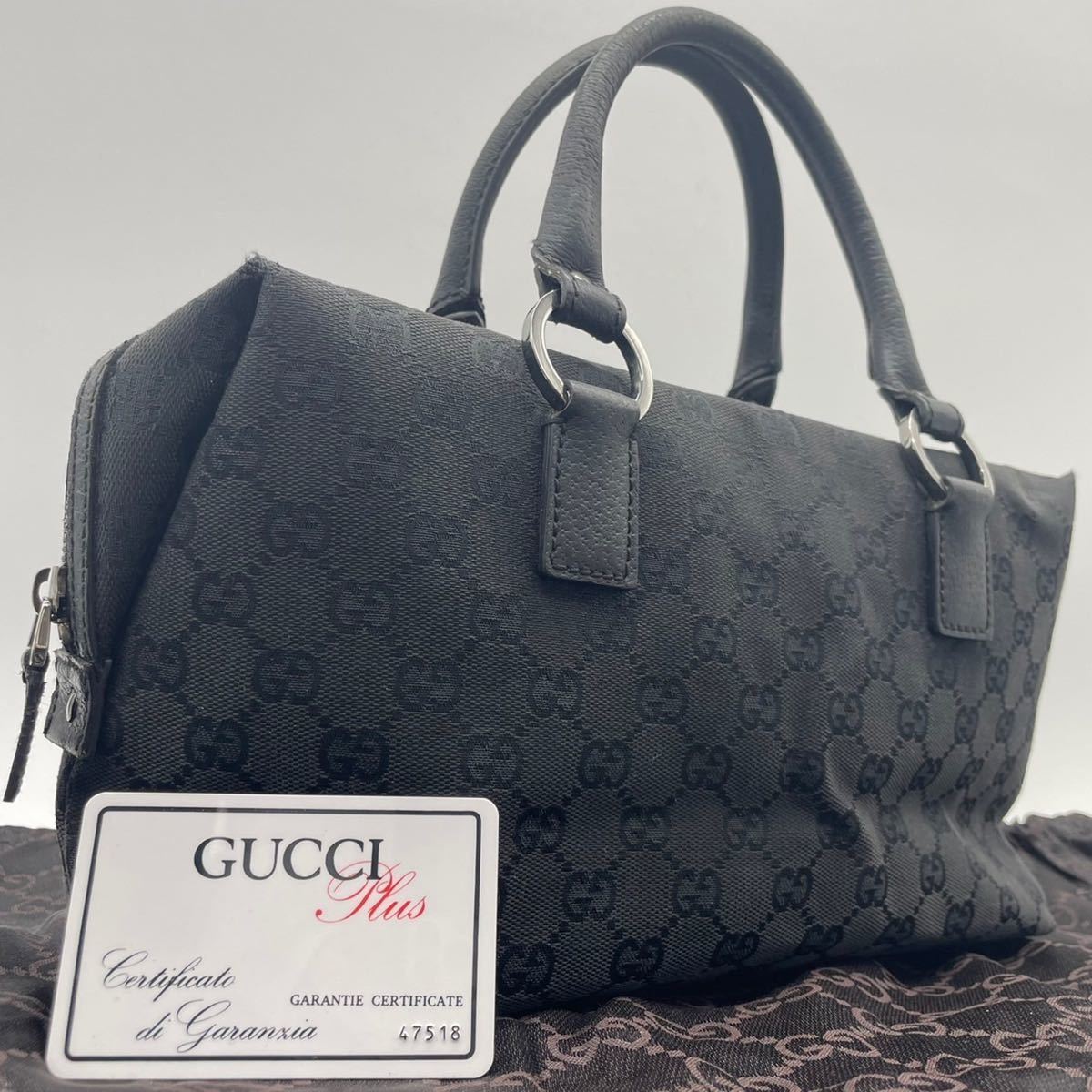 1円《美品》GUCCI グッチ ミニボストンバッグ ハンドバッグ GGキャンバス レザー 本革 シェリーライン ブラック 黒 メンズ レディース 兼用_画像1