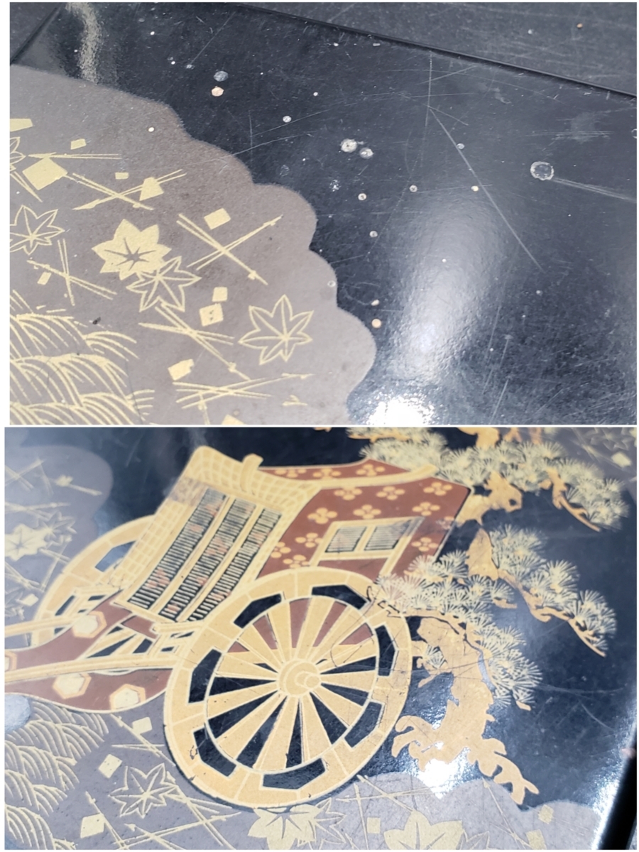 [80t1153] 漆器　硯箱　花車　中身入り　金彩　松　蒔絵　黒色　漆　書道具　文箱　時代物　工芸品　古美術品　昭和レトロ_画像5