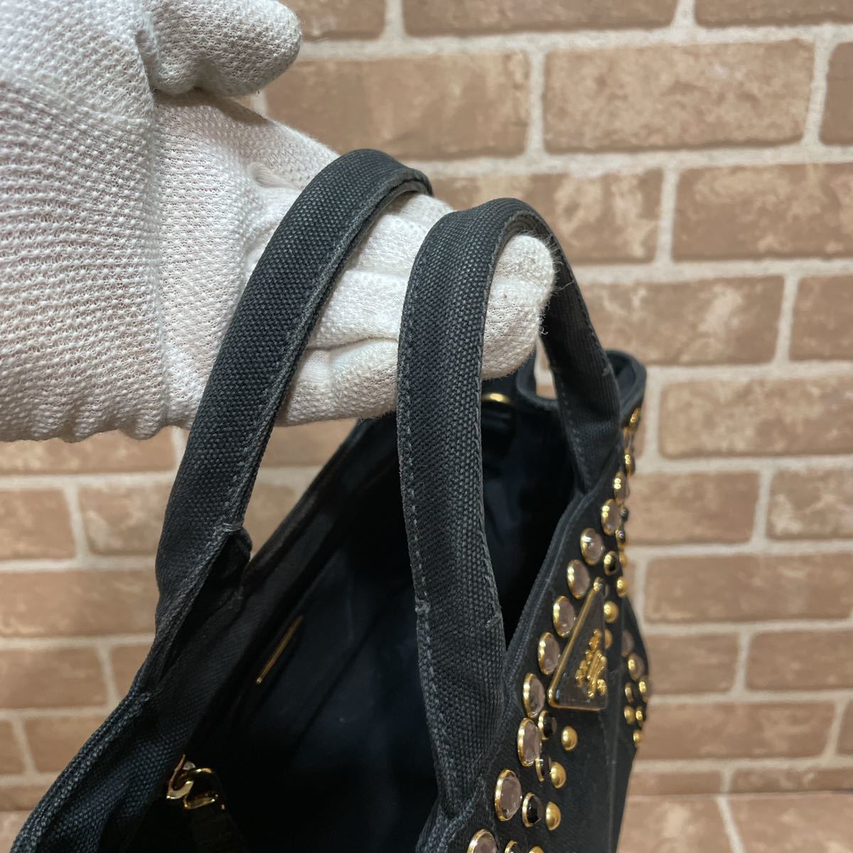 PRADA プラダ トートバッグ カナパ ビジュー ブラック S 人気|Yahoo