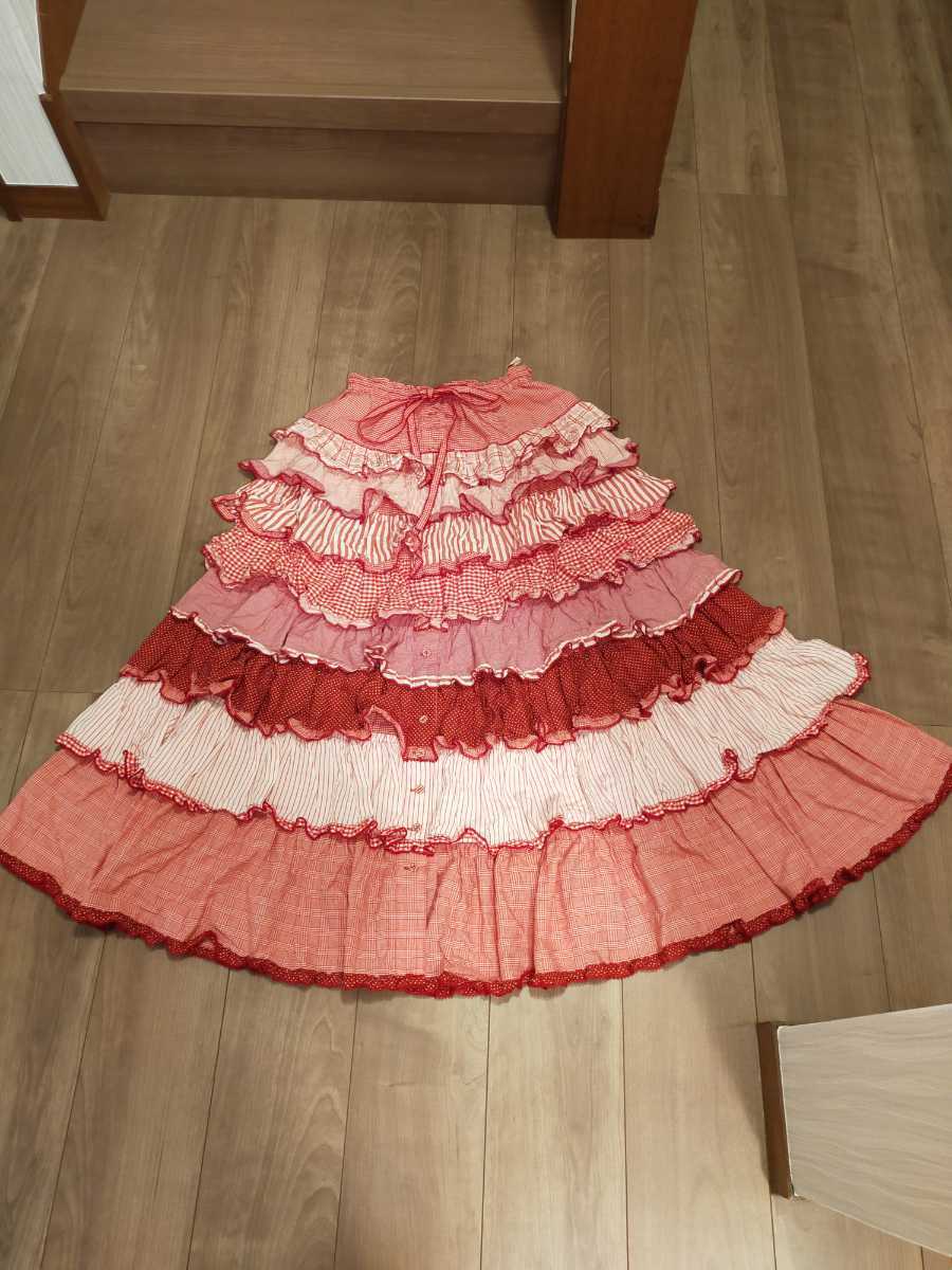 織り柄チェック ピンクハウス 豪華フリル ロングスカート スカート 