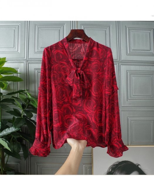 新品可愛いレディース100％シルクシャツ長袖プリントトップスリボン赤L hi5nrtNvzBGPUX02-42441 Lサイズ