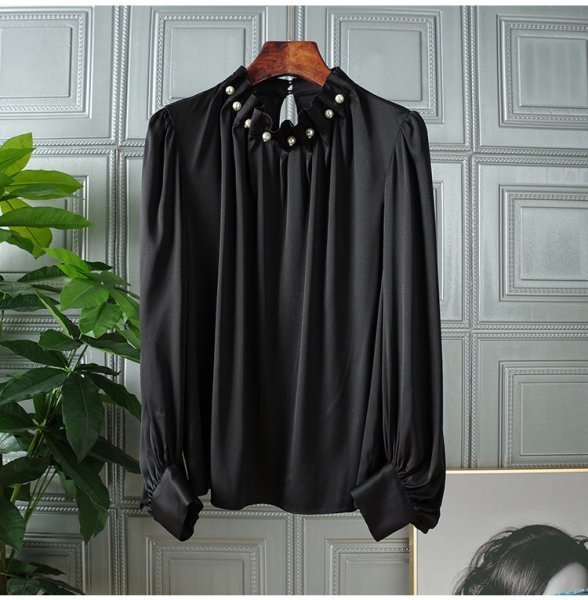 新素材新作 新品可愛いレディース92％シルクシャツ長袖シンプルトップス黒XL XLサイズ以上
