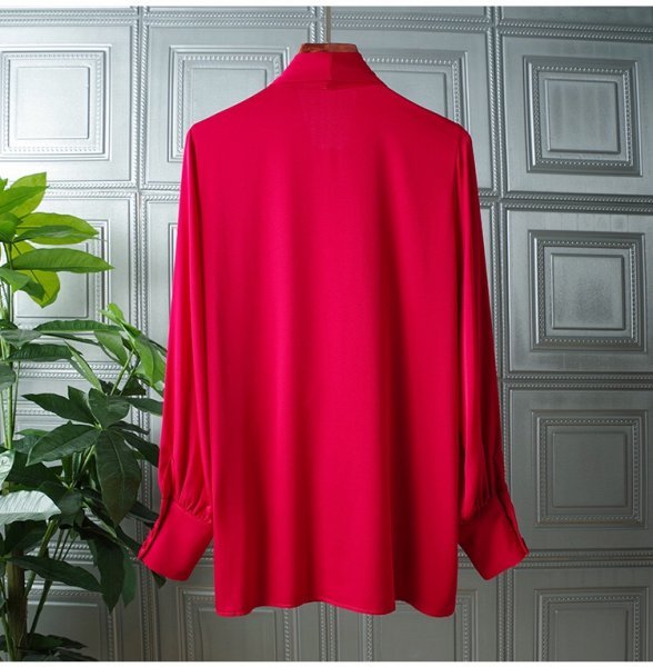 新品可愛いレディース92％シルクシャツ長袖ネックリボンブラウス赤L