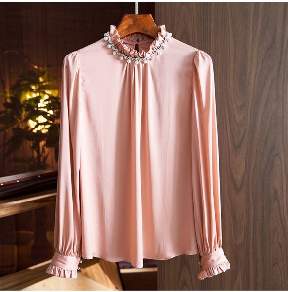 雑誌で紹介された 新品品質可愛いレディース92％シルクシャツ長袖TシャツリボンピンクL Lサイズ