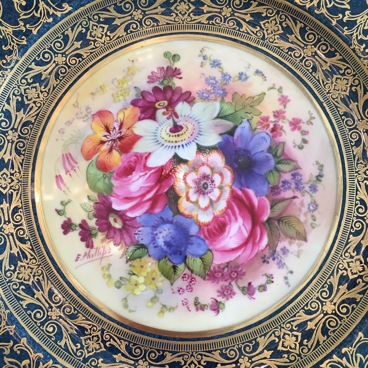 【英国アンティーク】美品　ウースターの逸品　ハンドペイント　花絵　飾皿　 キャビネットプレート　イギリス