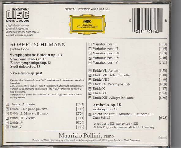 ★CD DG Schumann:Symphonische Etuden Arabeske シューマン:交響的練習曲.アラベスク*ポリーニ(Pollini)/西独盤_画像2